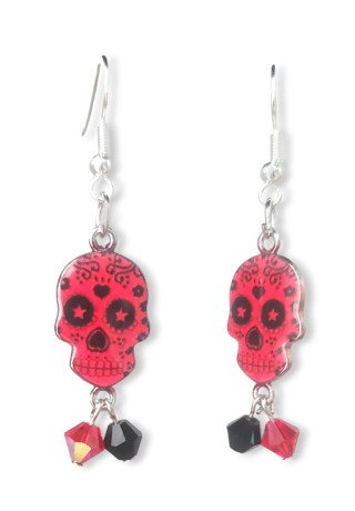 Skull with Dark Pink and Black Bead Earrings Skull with Dark Pink and Black Bead Earrings