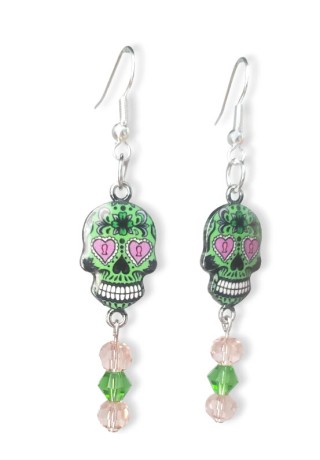 Skull with Light Pink and Green Crystal Bead Earrings