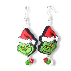 The Grinch Charm with Red, Green, and White Bi-cone Crystal Bead Earrings