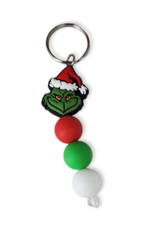 The Grinch Keychain with Red, Green, and White Beads