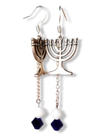 Menorah Charm with Dangling Blue and White Crystal Pearl Earrings