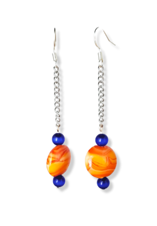 Orange Marbled Disc with Blue Bead Chain Earrings