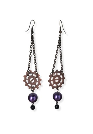 Steampunk Gear with Purple and Black Crystal Bead Earrings Steampunk Gear with Purple and Black Crystal Bead Earrings