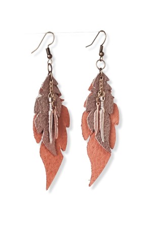 Brown Leather Feathers with Metal Feather Charms